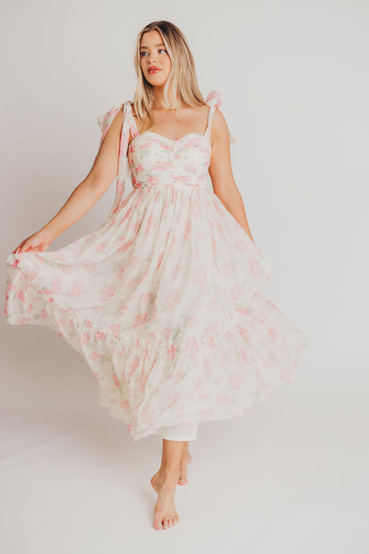 Thalia Ruched Midi Dress with Tie Shoulder in Pink Floral - Bump Friendly