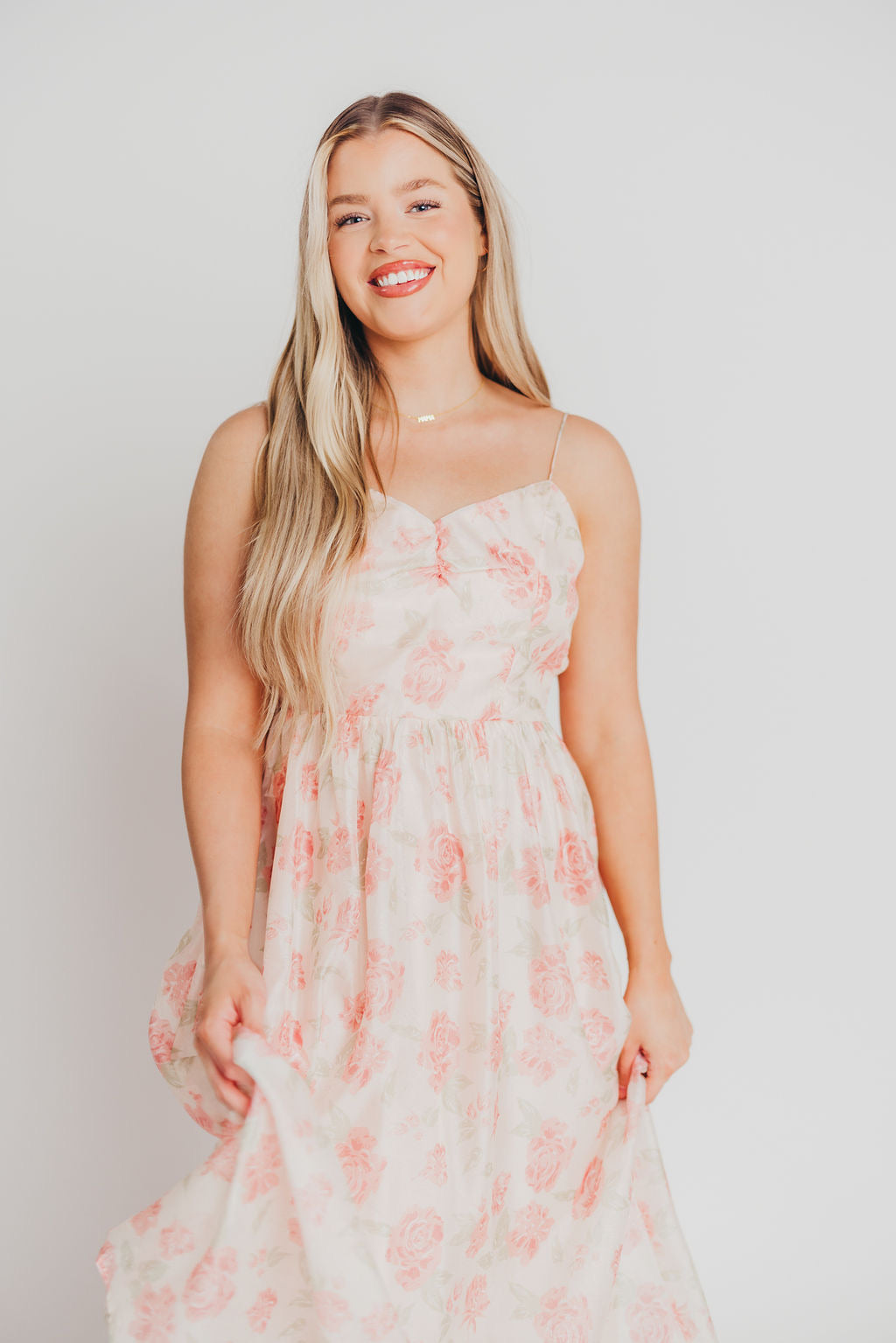 Galena Open Back Midi Dress in Pink Floral - Bump Friendly