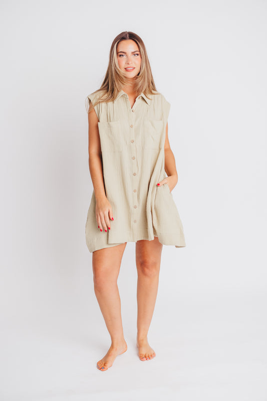 Riley Button-Up Tunic Dress with Pockets in Sage