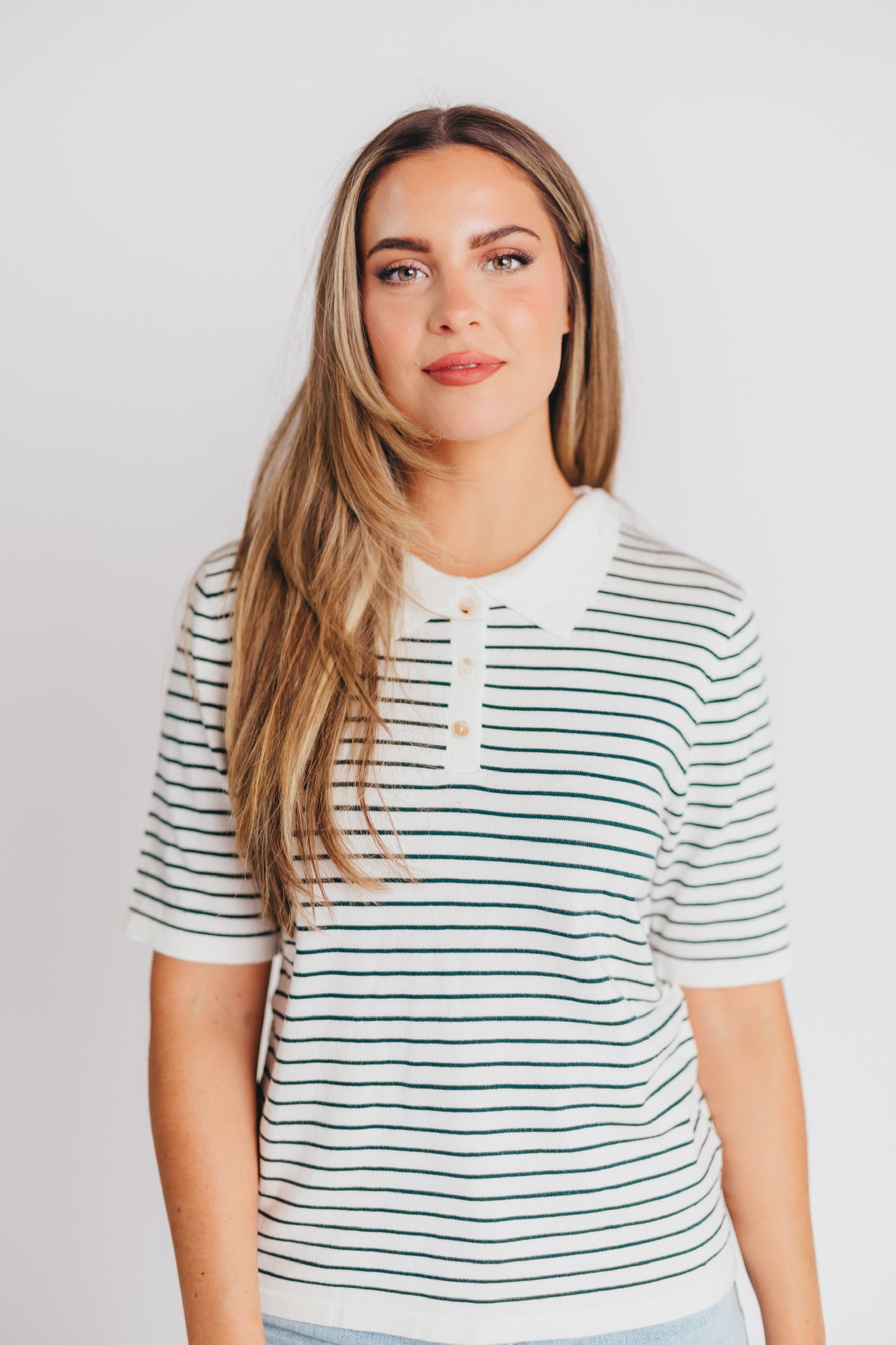 Rickie Striped Collared Shirt in Hunter Green/White