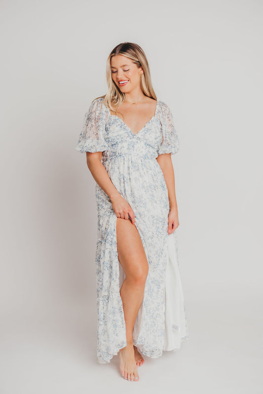 Daphne Eyelet Detail Maxi Dress in Blue and White Floral - Bump Friendly *Restocking Early November
