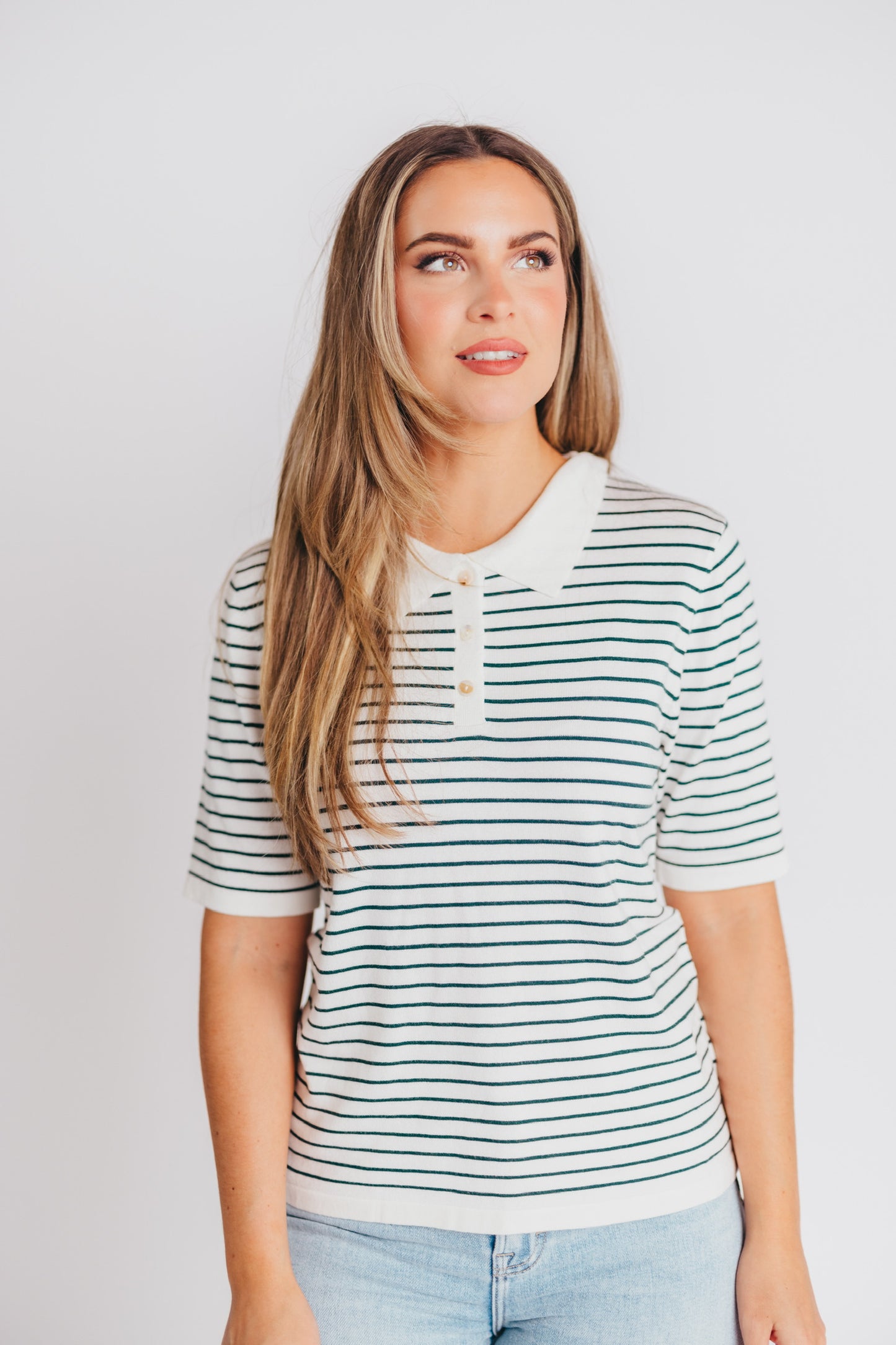 Rickie Striped Collared Shirt in Hunter Green/White