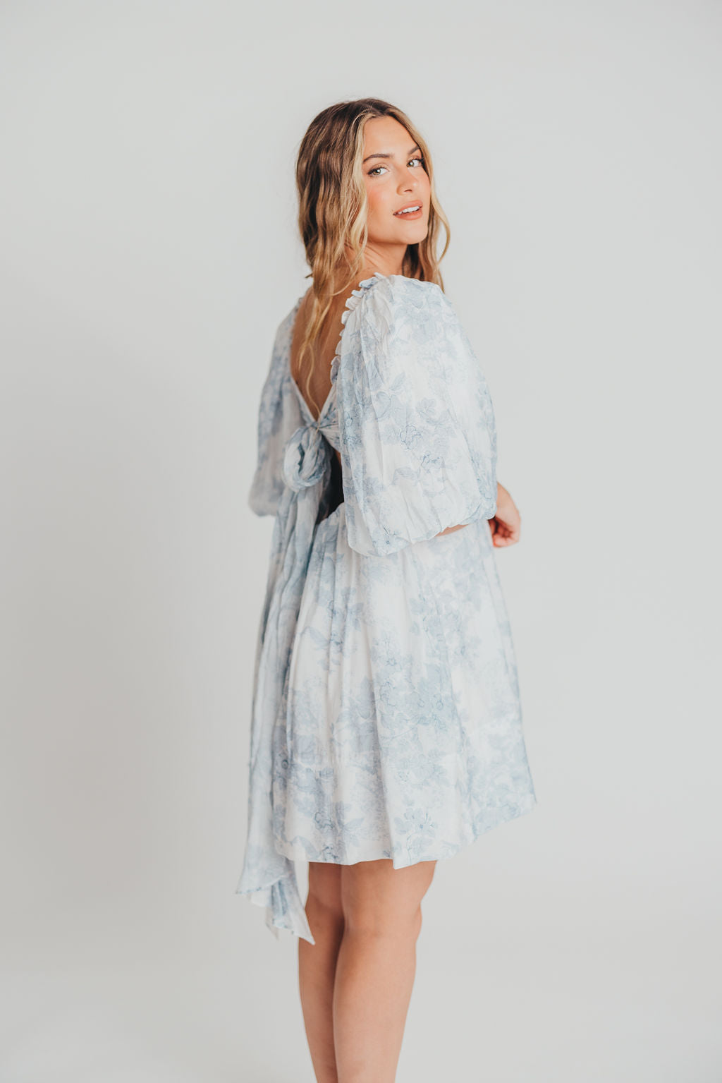 Melody Mini Dress with Pleats and Bow Detail in Baby Blue Floral