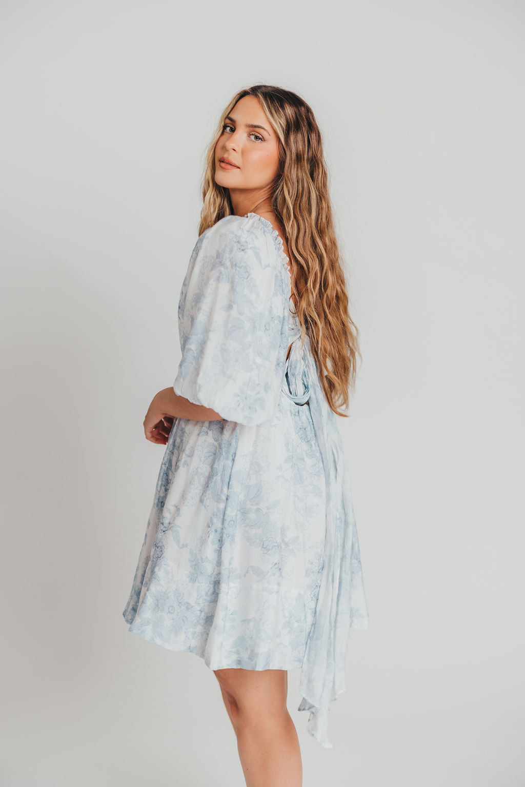 Melody Mini Dress with Pleats and Bow Detail in Baby Blue Floral