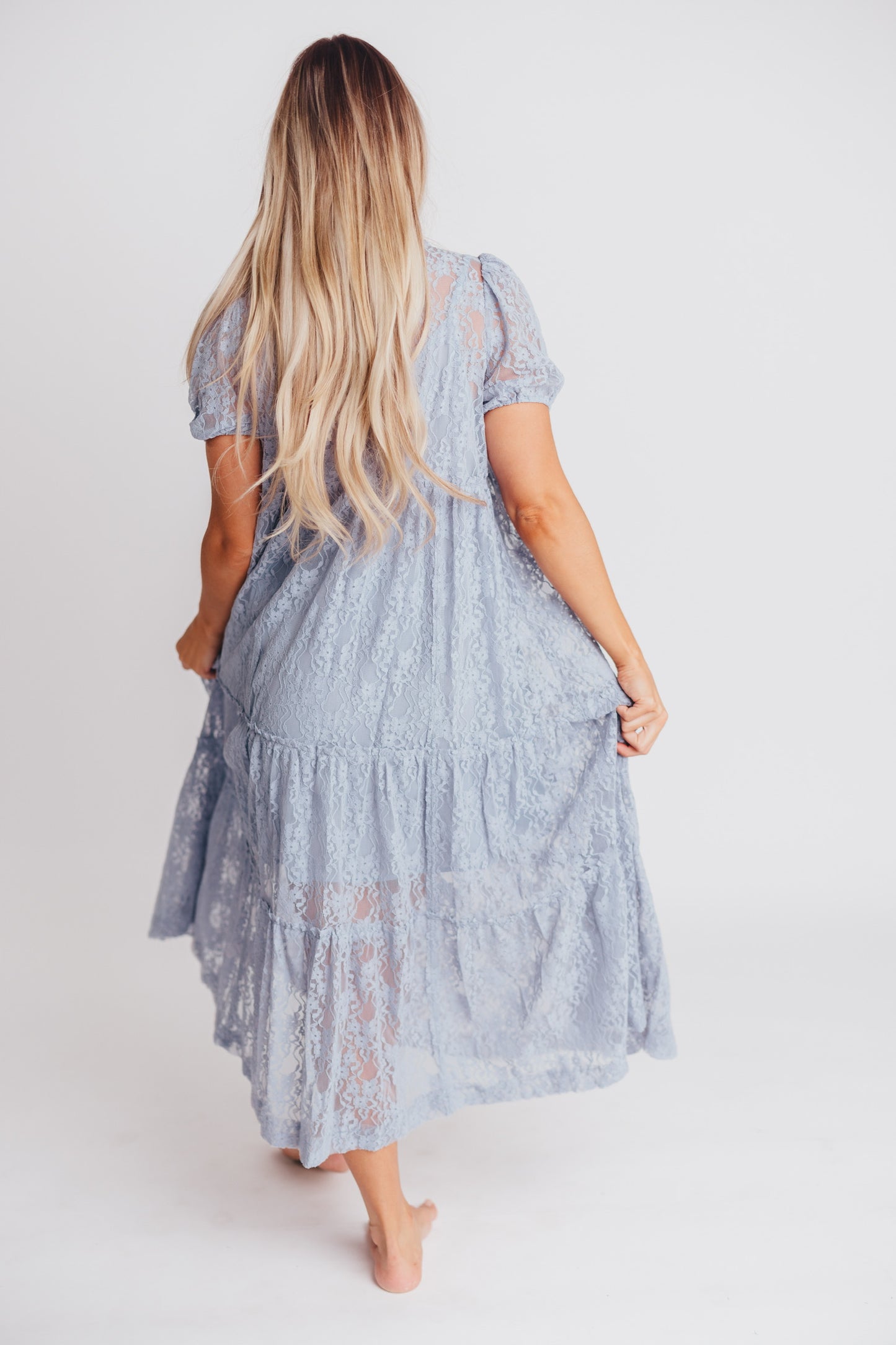 Sawyer Lace Midi Dress in Dusty Blue - Bump Friendly