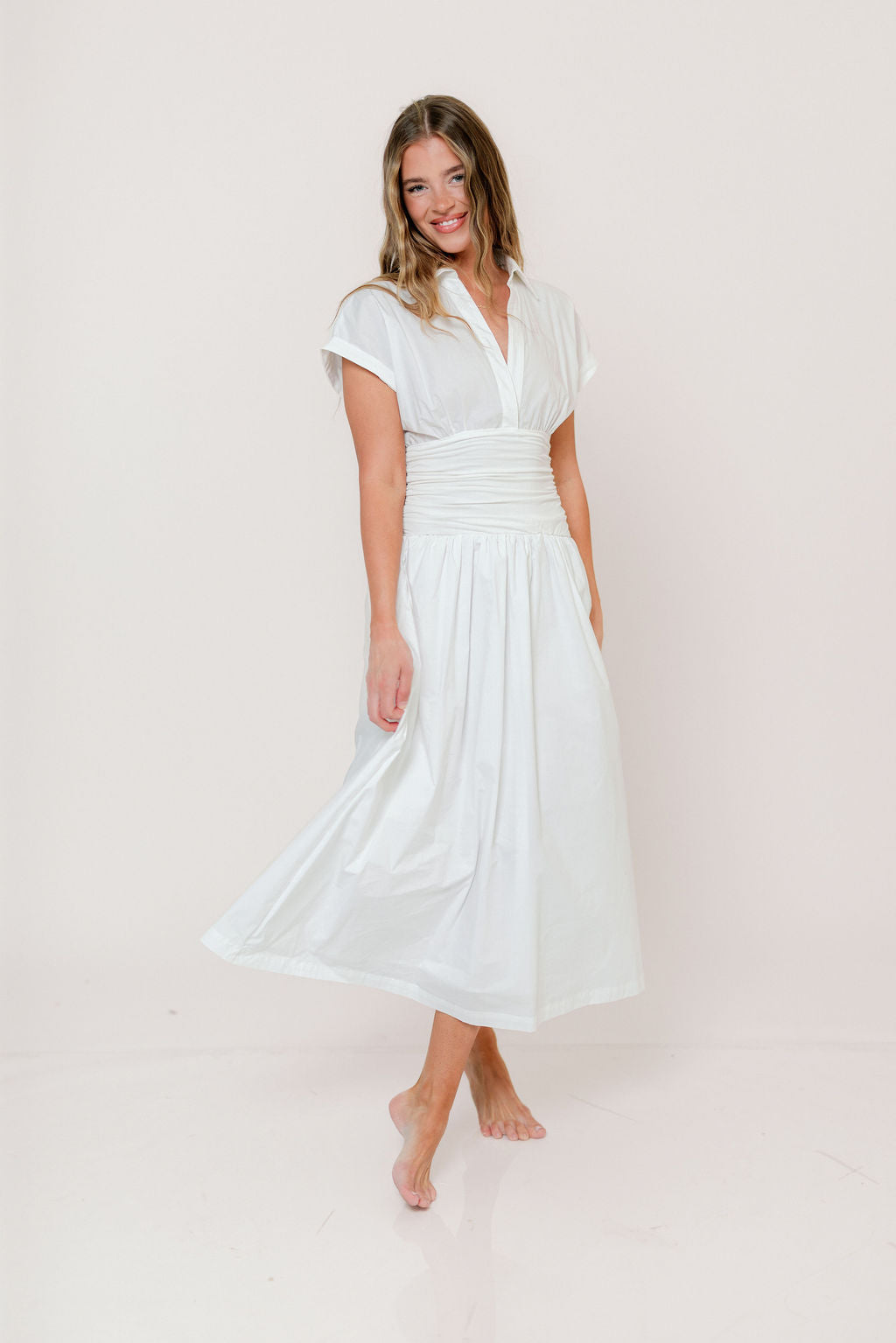 Cressida Ruched Waist Poplin Maxi Dress in White  Worth Collective