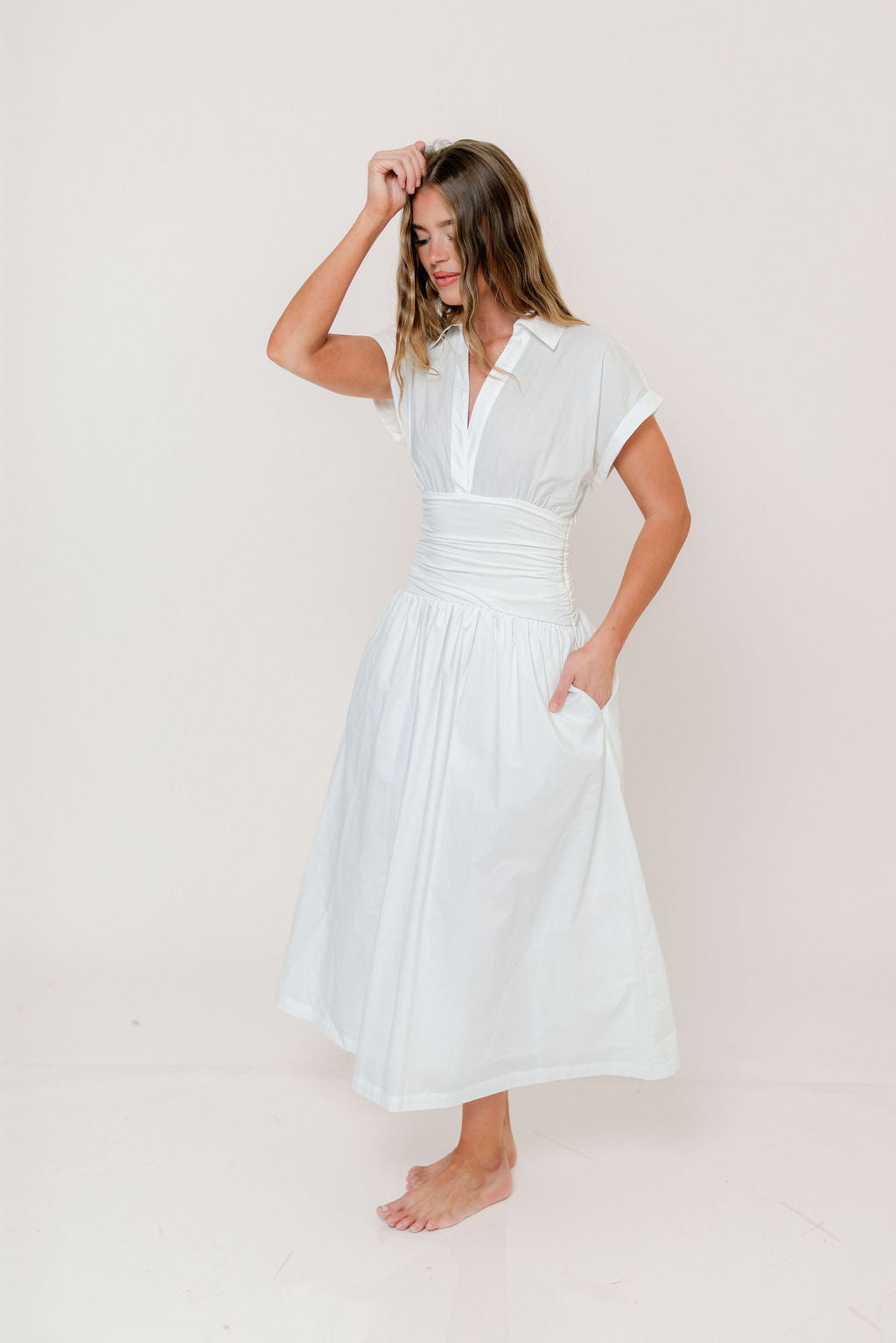 cressida maxi dress Cressida Ruched Waist Poplin Maxi Dress in White – Worth Collective