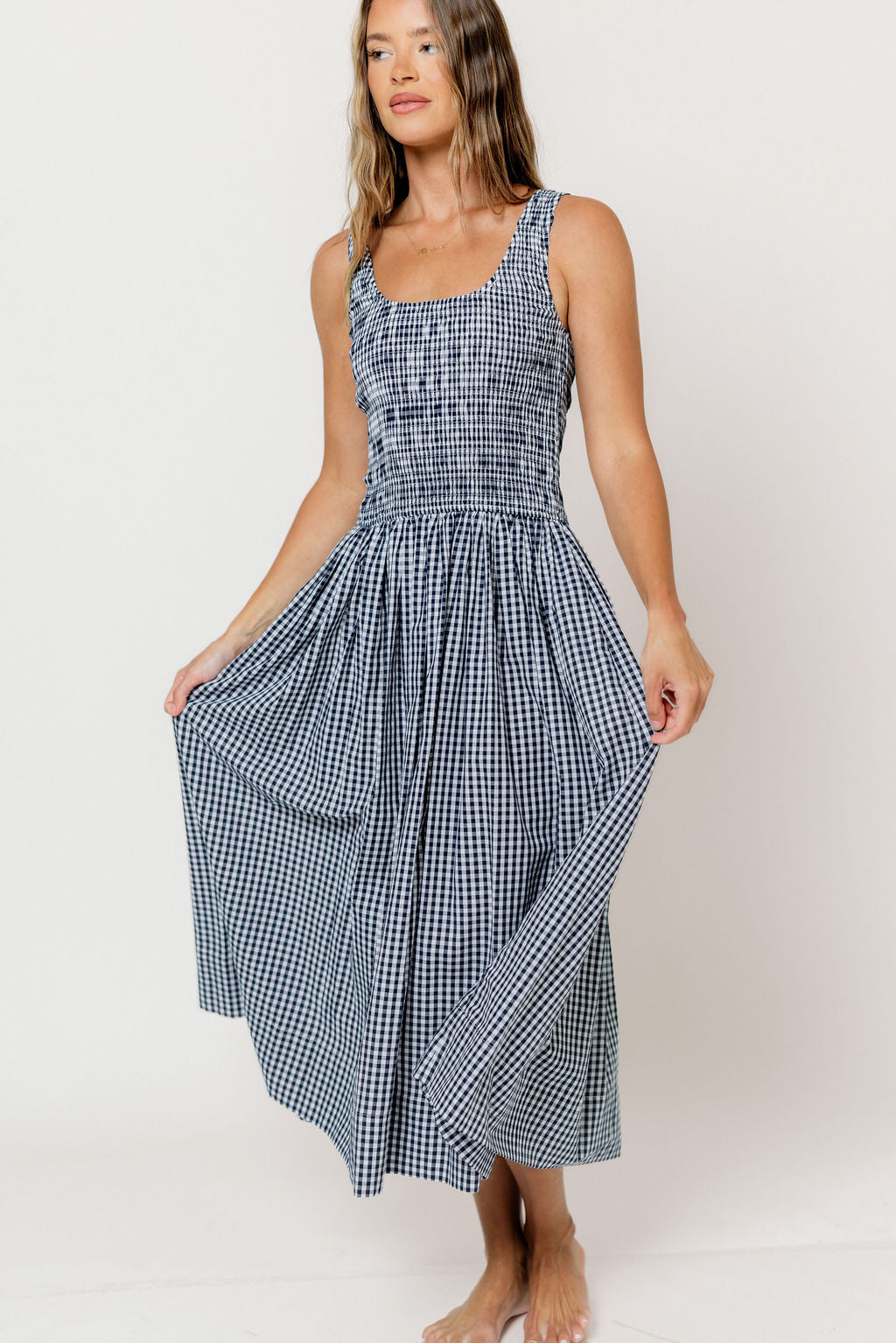 gingham smocked midi dress Janice 100% Cotton Gingham Smocked Midi Dress in Navy – Worth Collective