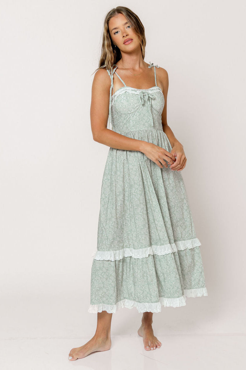Felicia Lace Trim Floral Midi Dress in Sage Worth Collective Felicia Lace Trim Floral Midi Dress in Sage Worth Collective