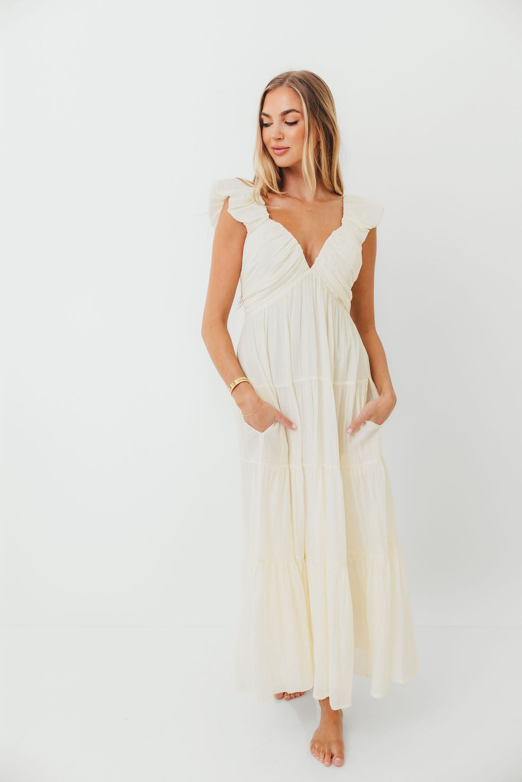 Katy Pleated Bodice Maxi Dress in Cream - Bump Friendly (Last