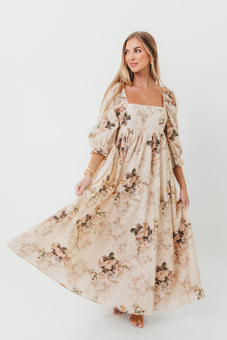 Mona Maxi Dress with Smocking in Cream/Beige Floral - Bump