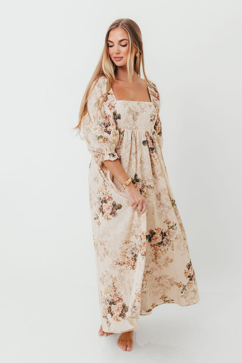 Mona Maxi Dress with Smocking in Cream/Beige Floral - Bump