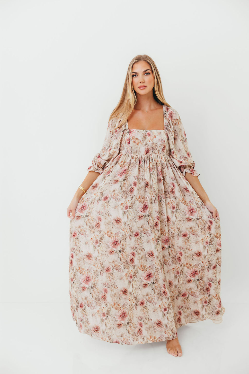 Mona Maxi Dress with Smocking in Pink/Beige Multi Floral