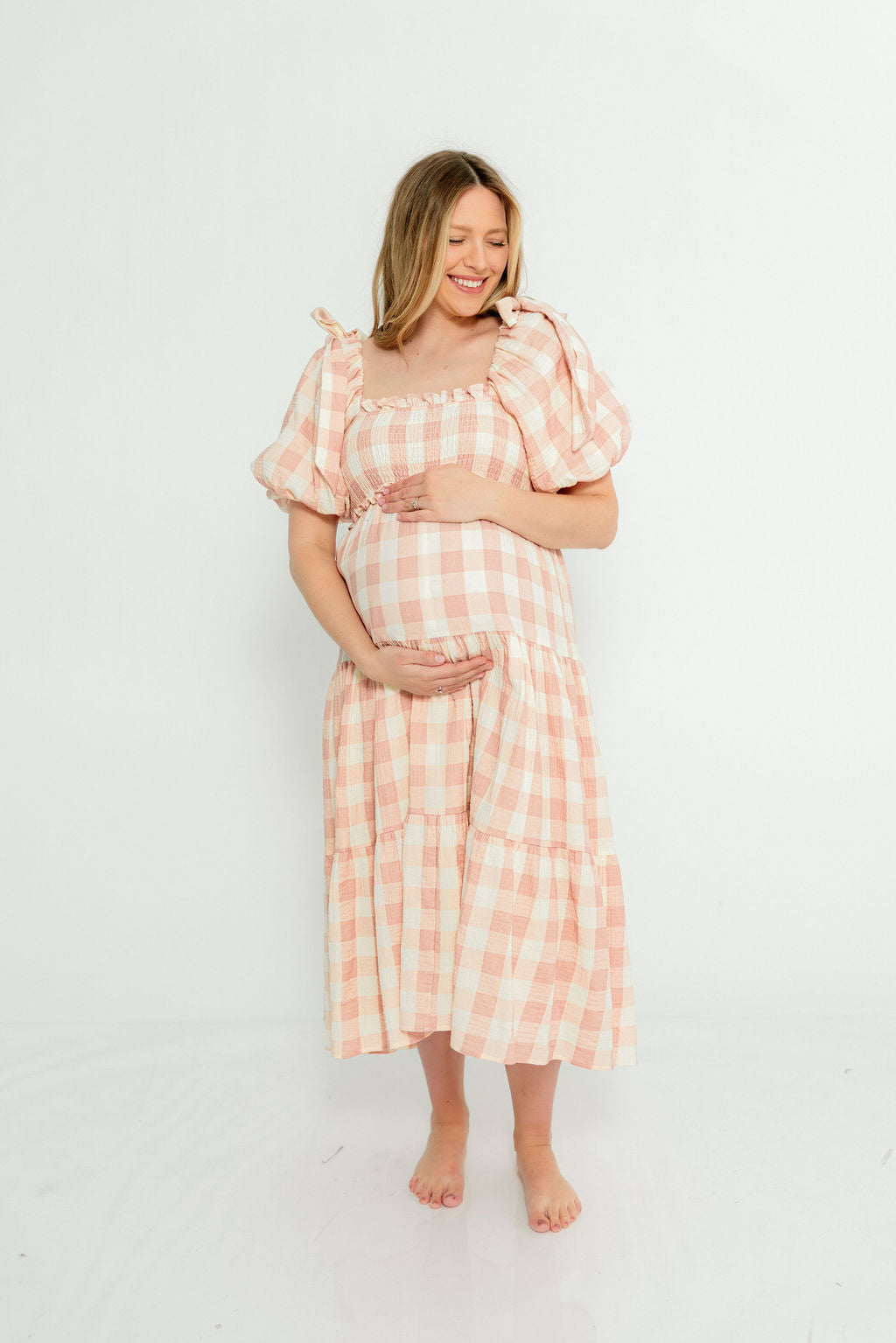 Elena 100% Cotton Gingham Midi Dress in Dusty Pink