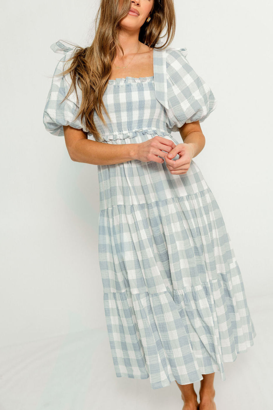 Elena 100% Cotton Gingham Midi Dress in Dusty Blue - Bump Friendly & I Worth Collective Elena 100% Cotton Gingham Midi Dress in Dusty Blue - Bump Friendly & I Worth Collective