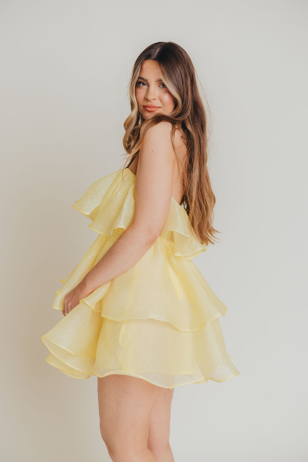 Eden Strapless Tiered Mini Dress in Lemon