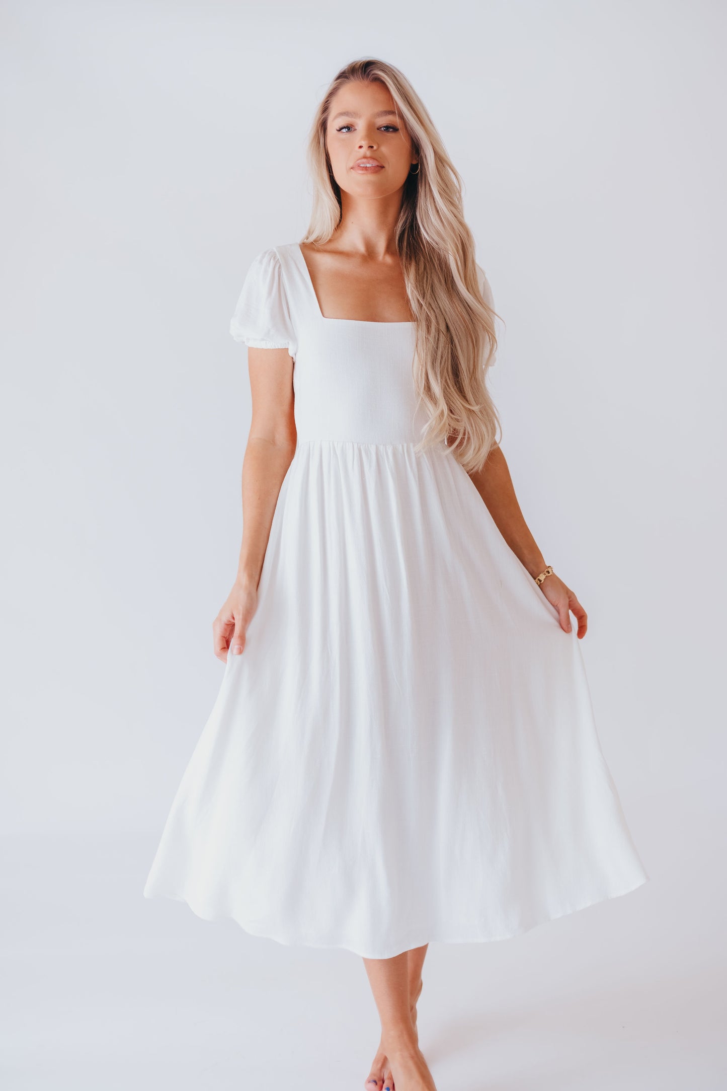 August Open Back Midi Dress in White - Bump Friendly