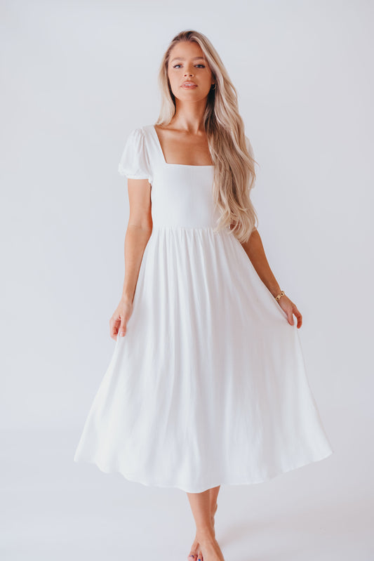August Open Back Dress in White - Bump Friendly
