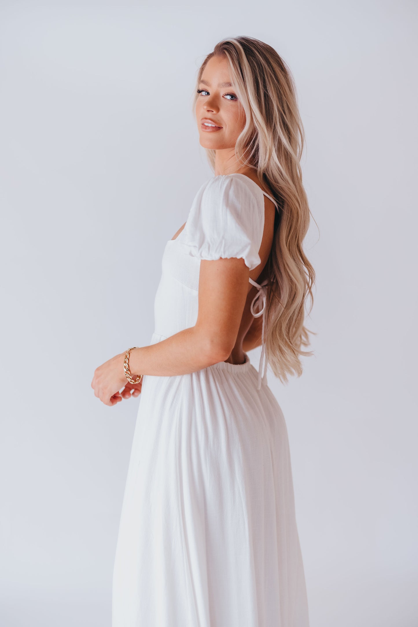 August Open Back Midi Dress in White - Bump Friendly