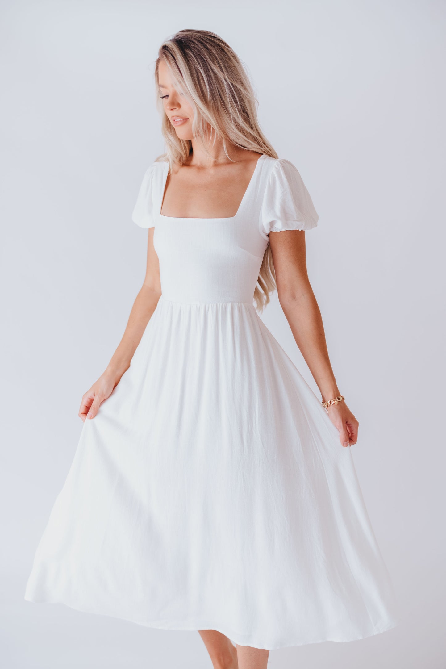 August Open Back Midi Dress in White - Bump Friendly