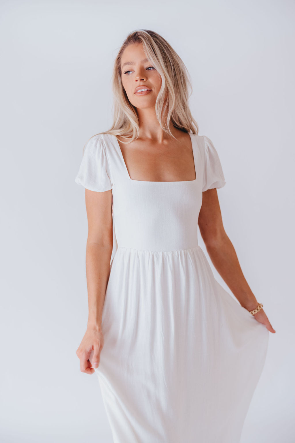 August Open Back Midi Dress in White - Bump Friendly