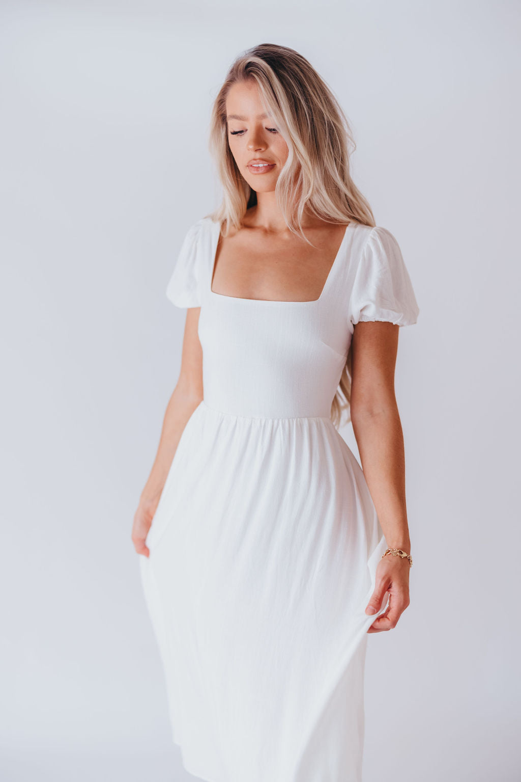 August Open Back Midi Dress in White - Bump Friendly