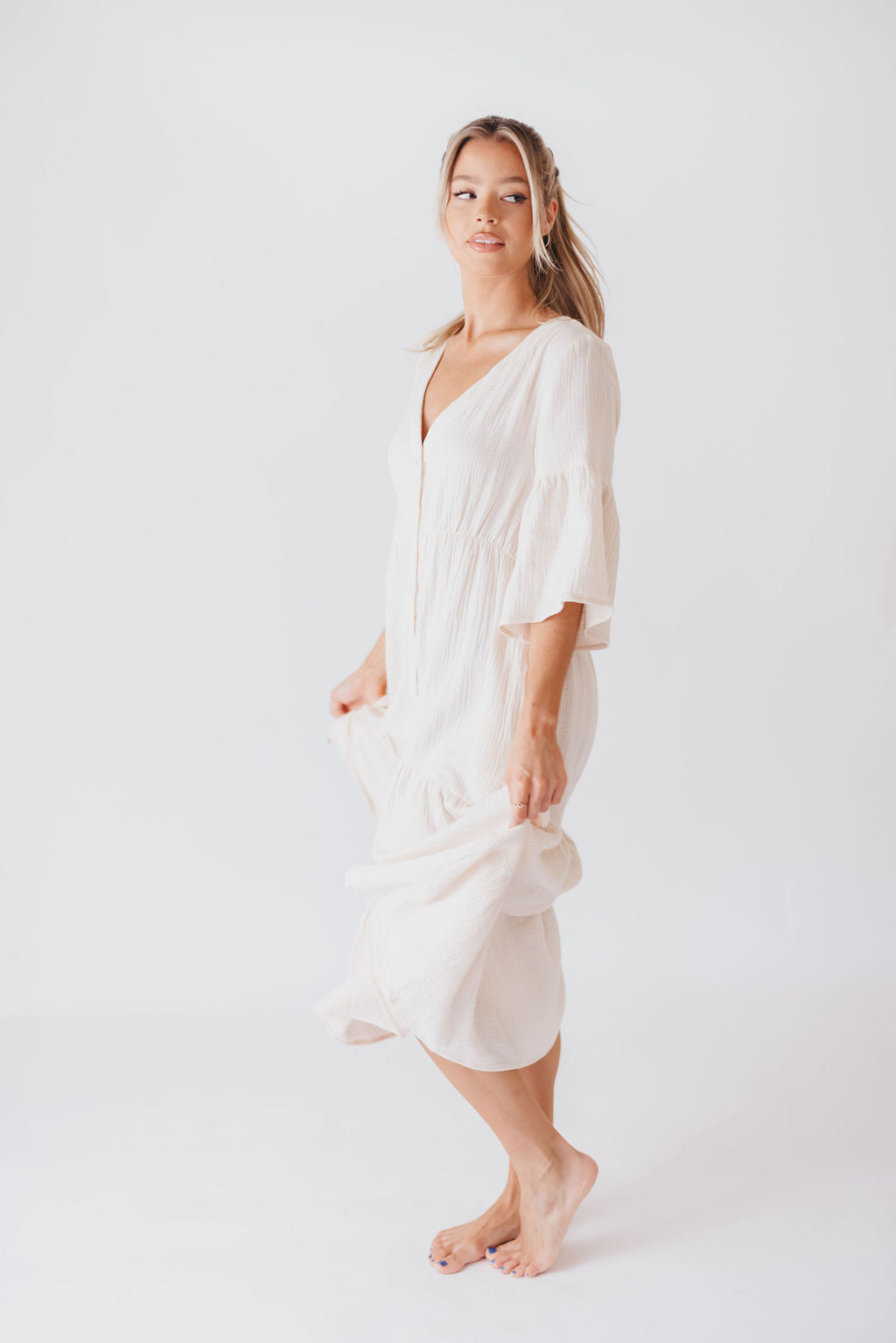 Bea 100% Cotton Tiered Button-Up Midi Dress in Off-White - Nursing Friendly