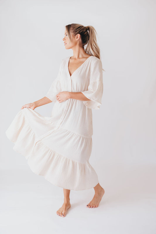 *Bea 100% Cotton Gauze Tiered Button Up Midi Dress in Off White