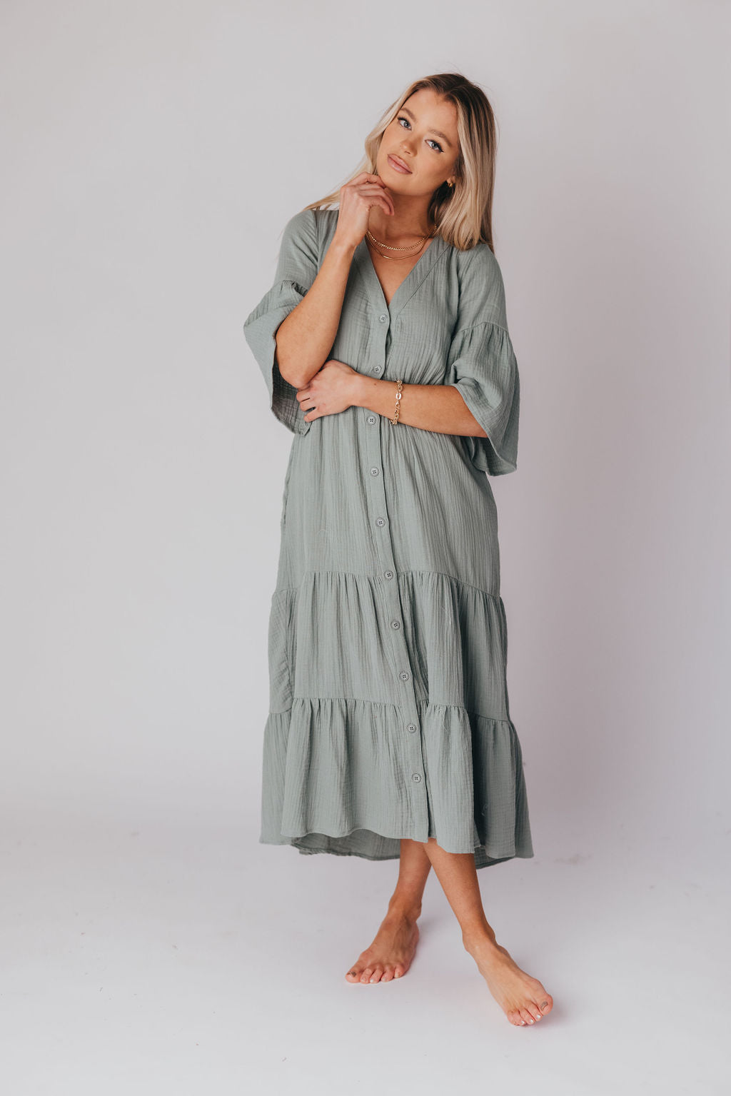Bea 100% Cotton Tiered Button-Up Midi Dress in Pistachio - Nursing Friendly