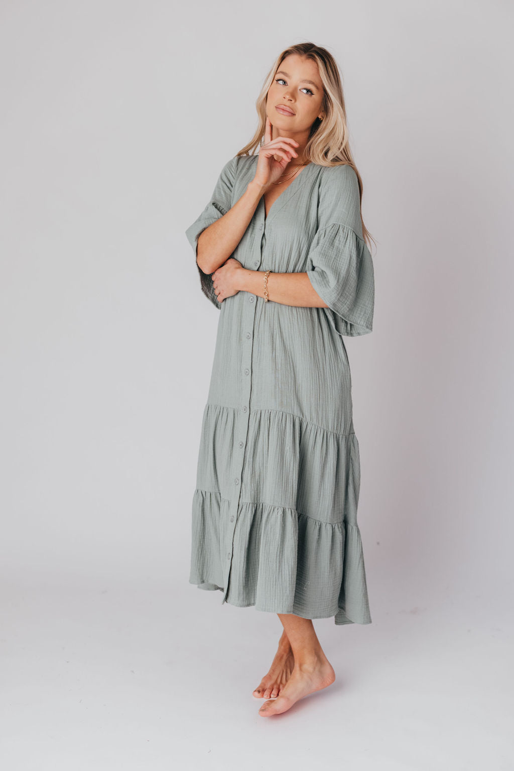 Bea 100% Cotton Tiered Button-Up Midi Dress in Pistachio - Nursing Friendly