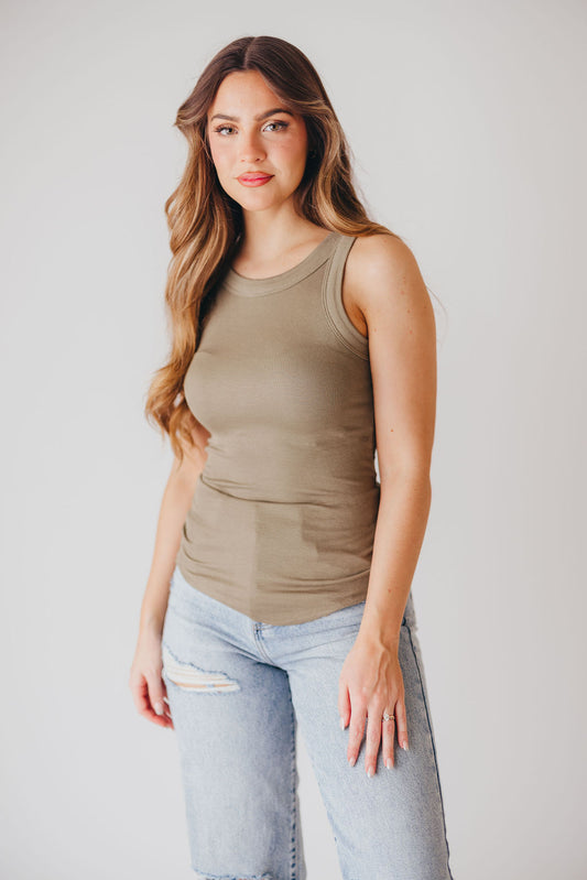 Claire Ribbed Scoop Neck Tank in Light Olive