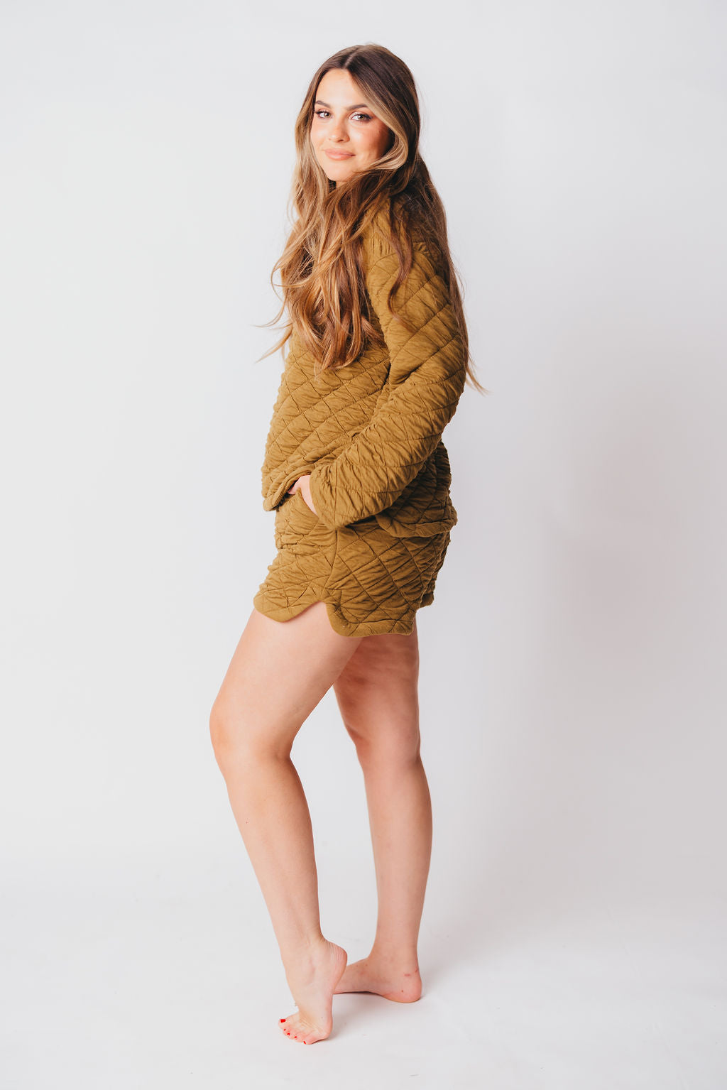 Luxe Quilted Pullover and Shorts Set in Olive