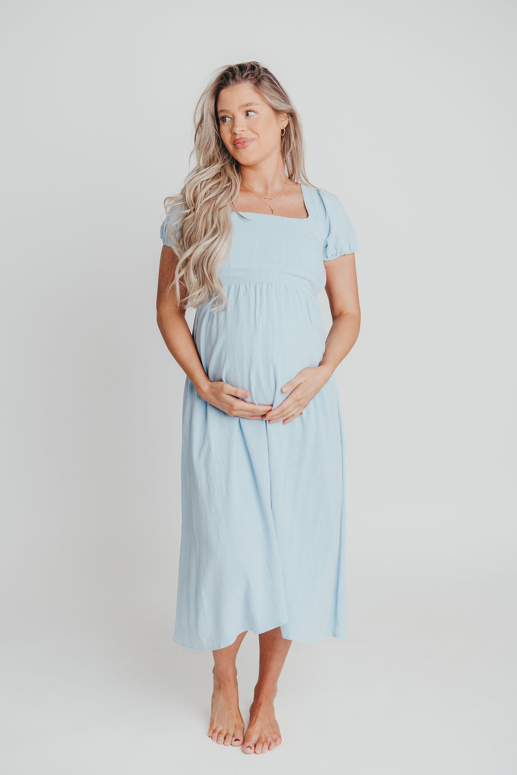 August Open Back Midi Dress in Baby Blue - Bump Friendly