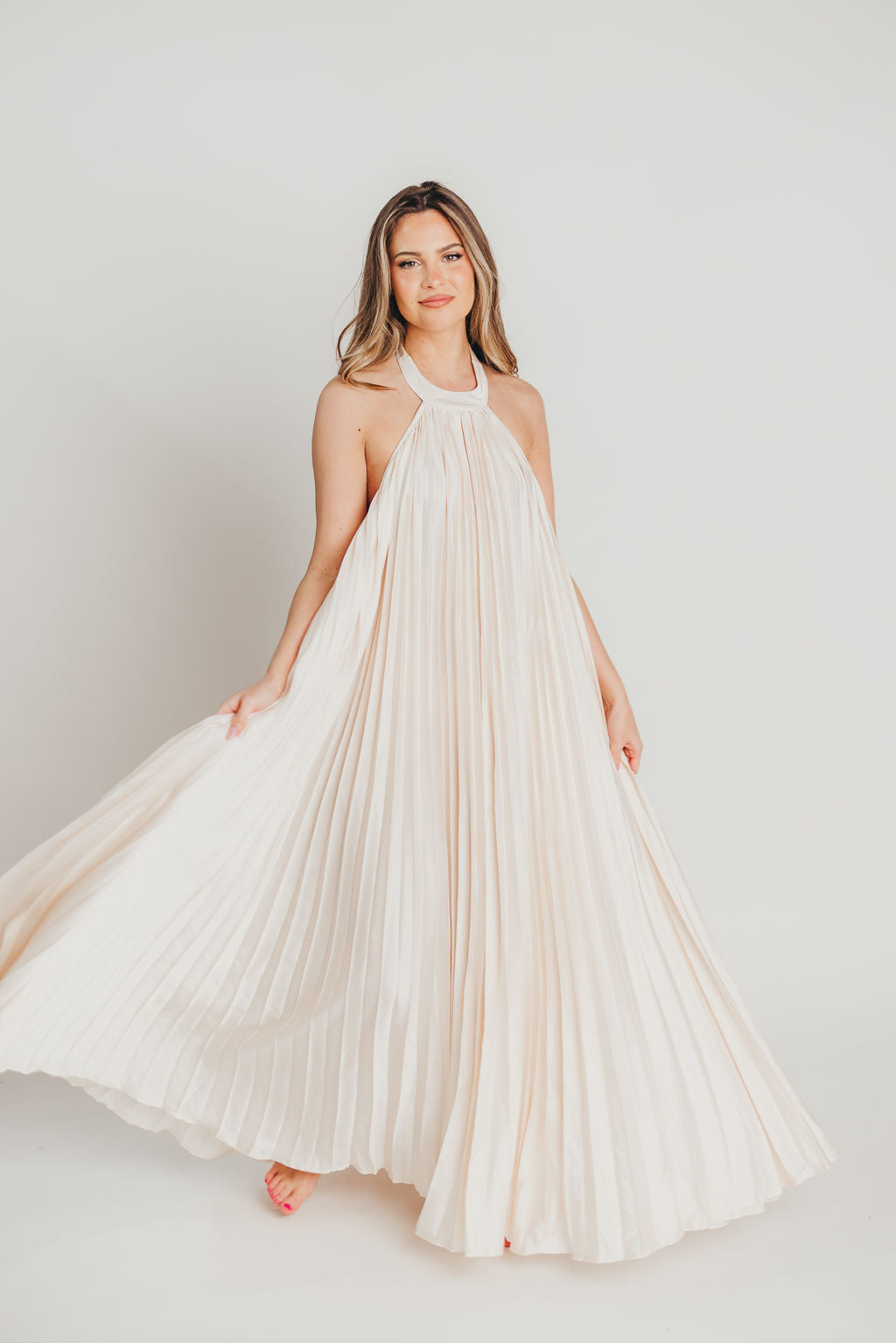 Maren Pleated Halter Maxi Dress in Cream - Bump Friendly