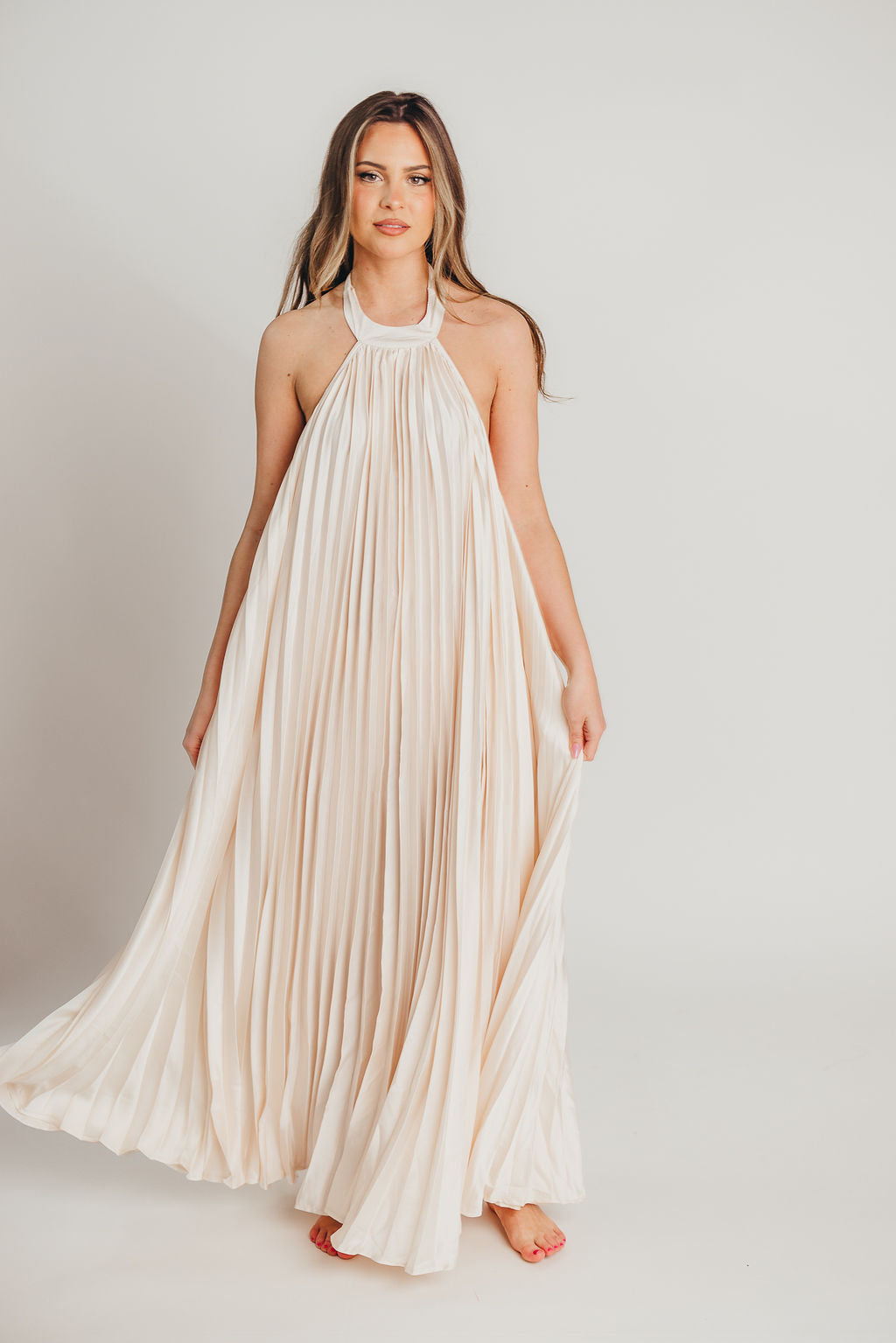 Maren Pleated Halter Maxi Dress in Cream Bump Friendly Medium