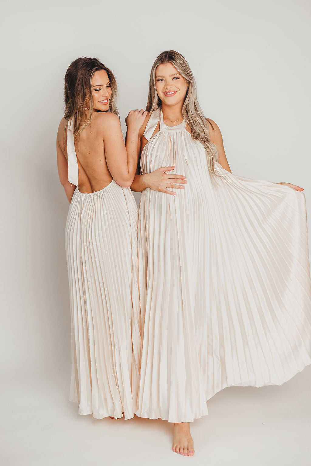 Maren Pleated Halter Maxi Dress in Cream - Bump Friendly