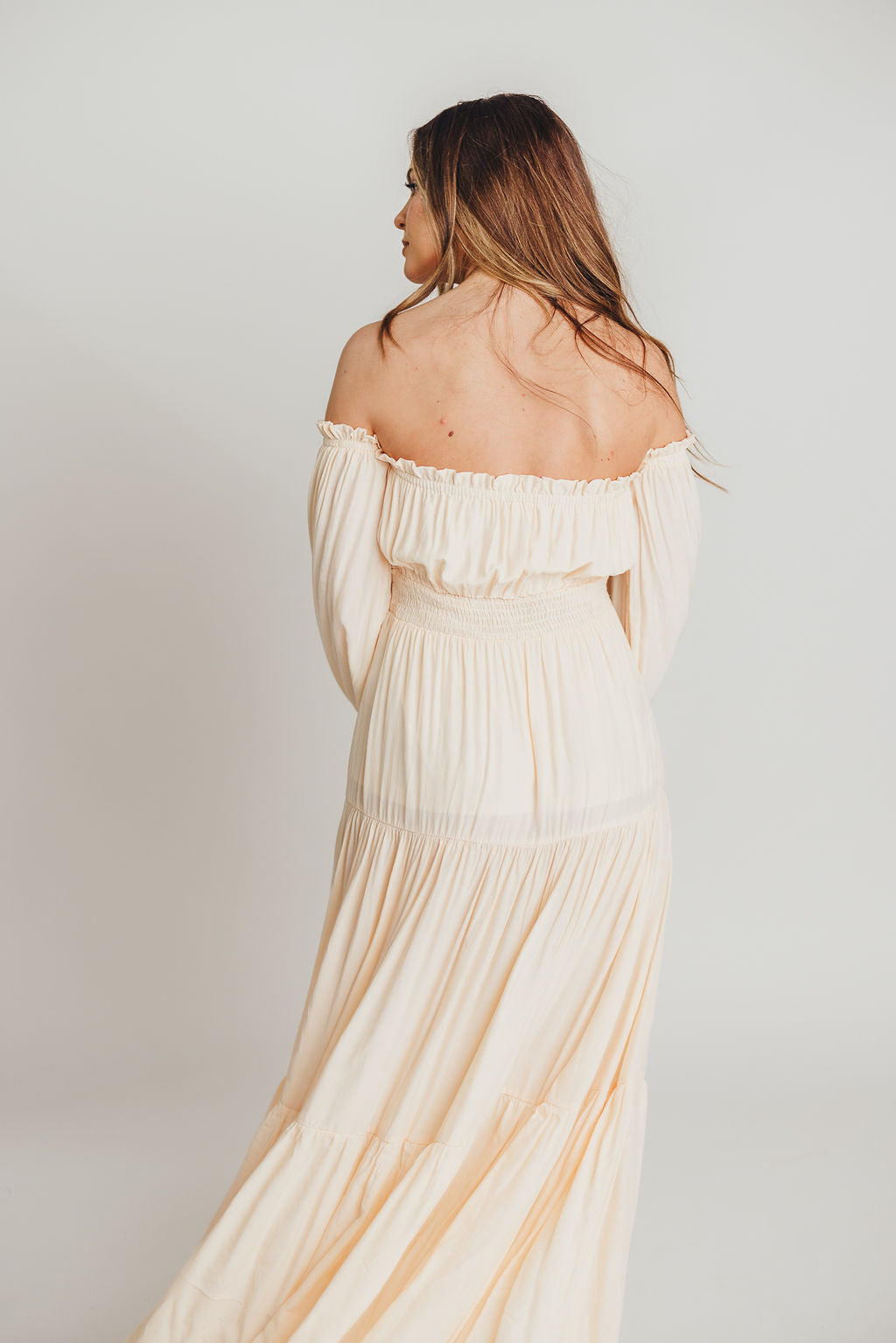 Harper Cru Long Sleeve Off-Shoulder Maxi Dress in Cream (S-XL)