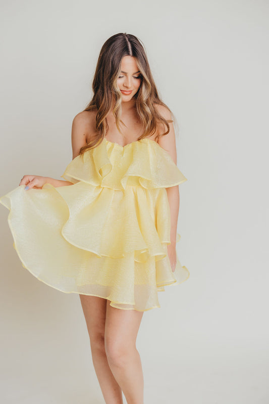 Eden Strapless Tiered Mini Dress in Lemon