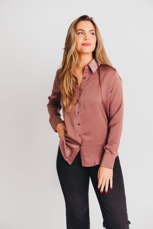 Dull Satin Slim Shirt in Mocha — more purple in person